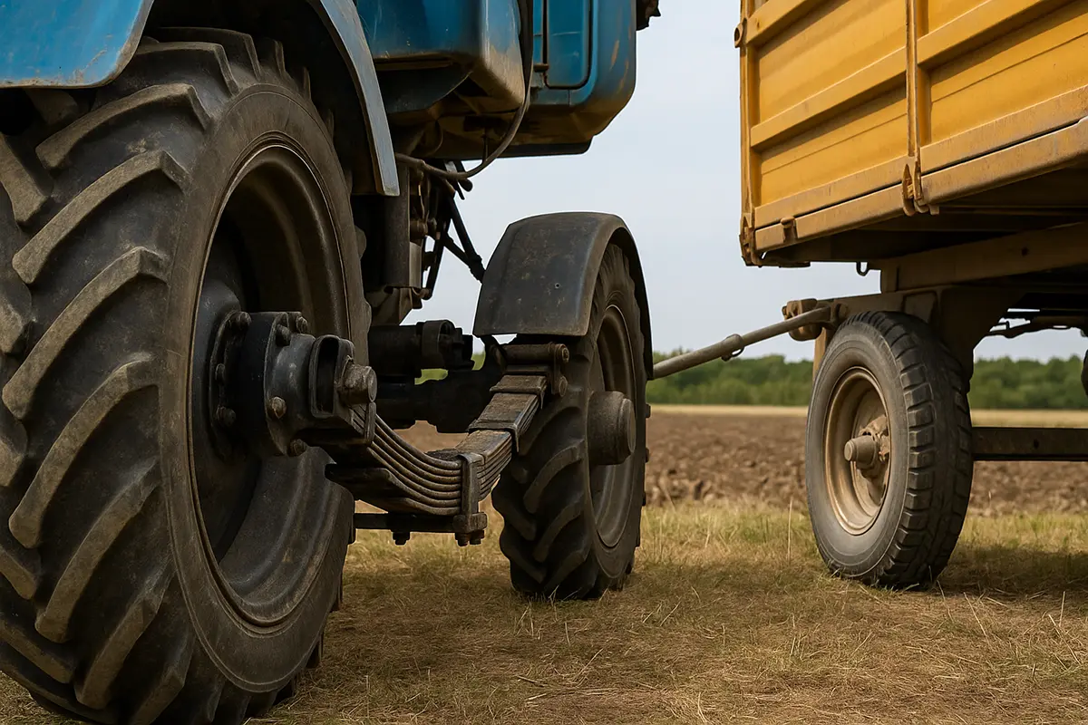 Detalle de la suspensión trasera de un tractor agrícola con remolque sobre terreno rural