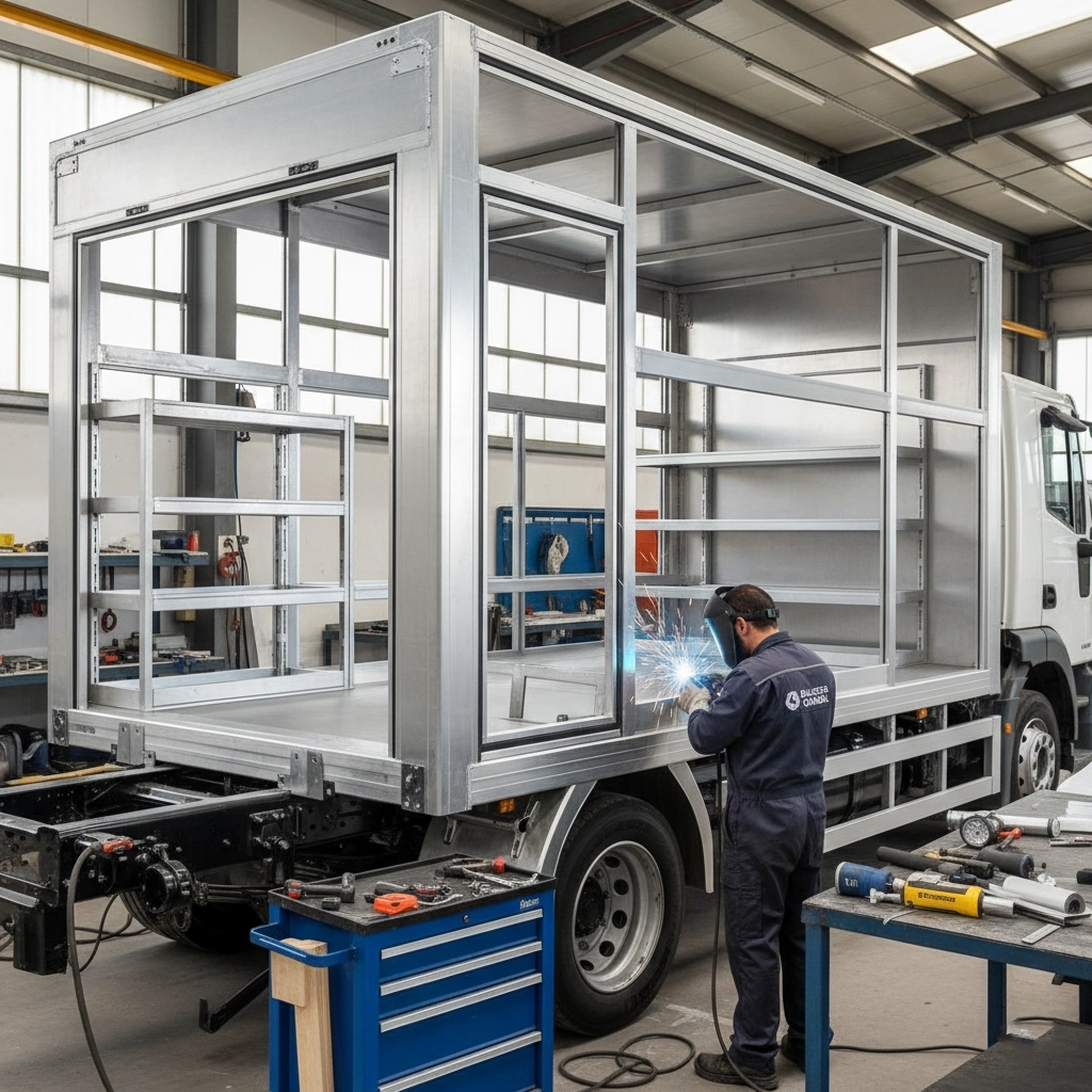 Técnico trabajando en la estructura de aluminio de una carrocería a medida