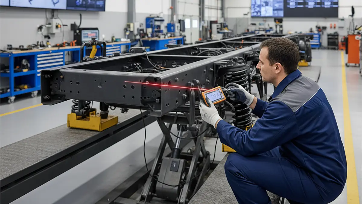 Técnico de Ballestas Gandía realizando una medición de un chasis rechazado en la ITV