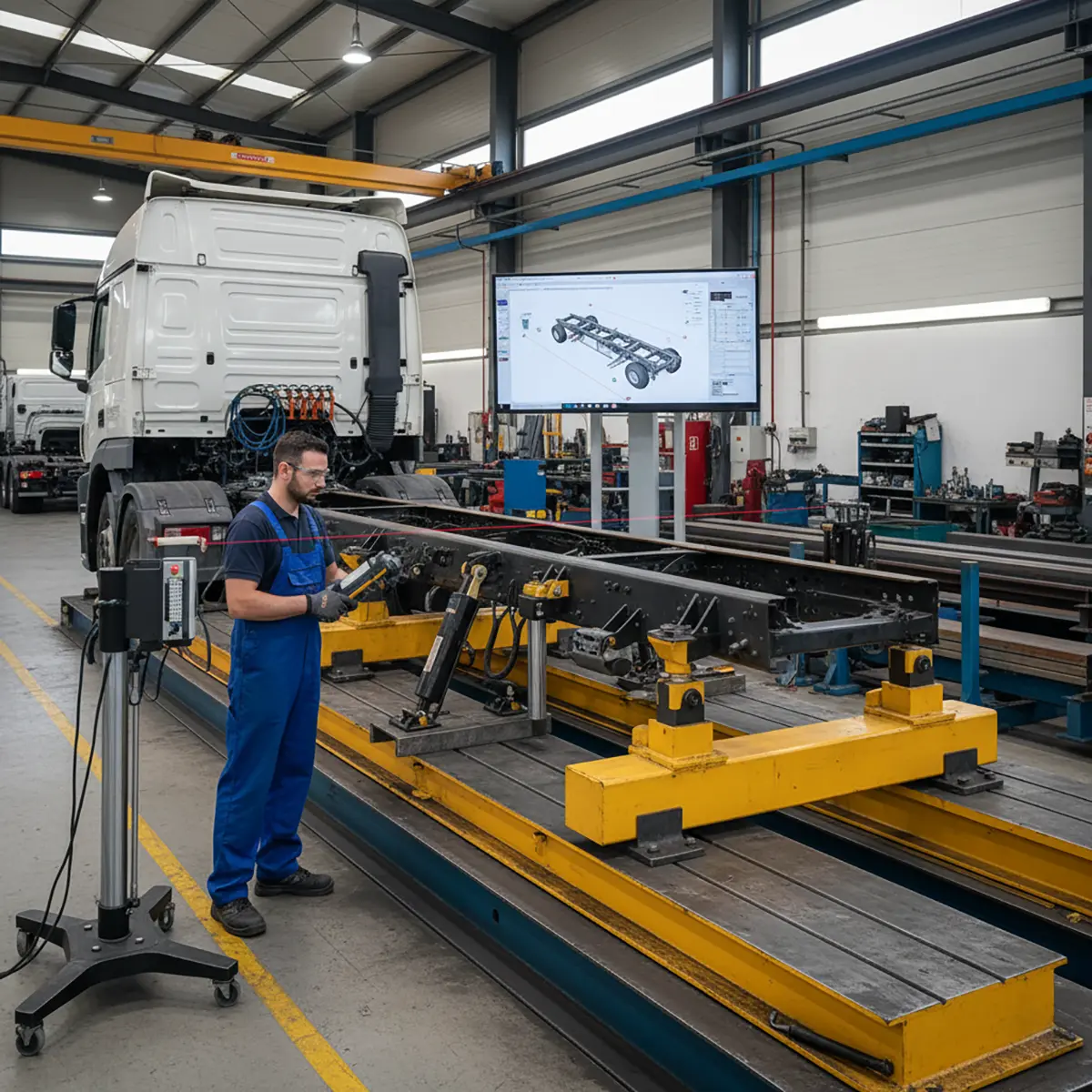 Mecánico realizando una reparación estructural de chasis de un camión