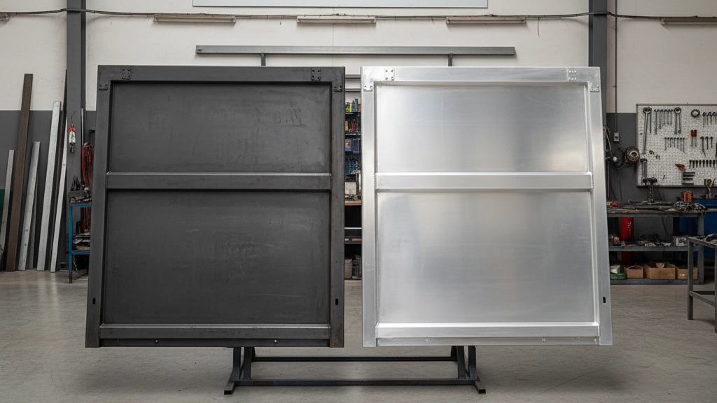 Comparativa visual en un taller entre una sección de carrocería de aluminio y otra de acero.