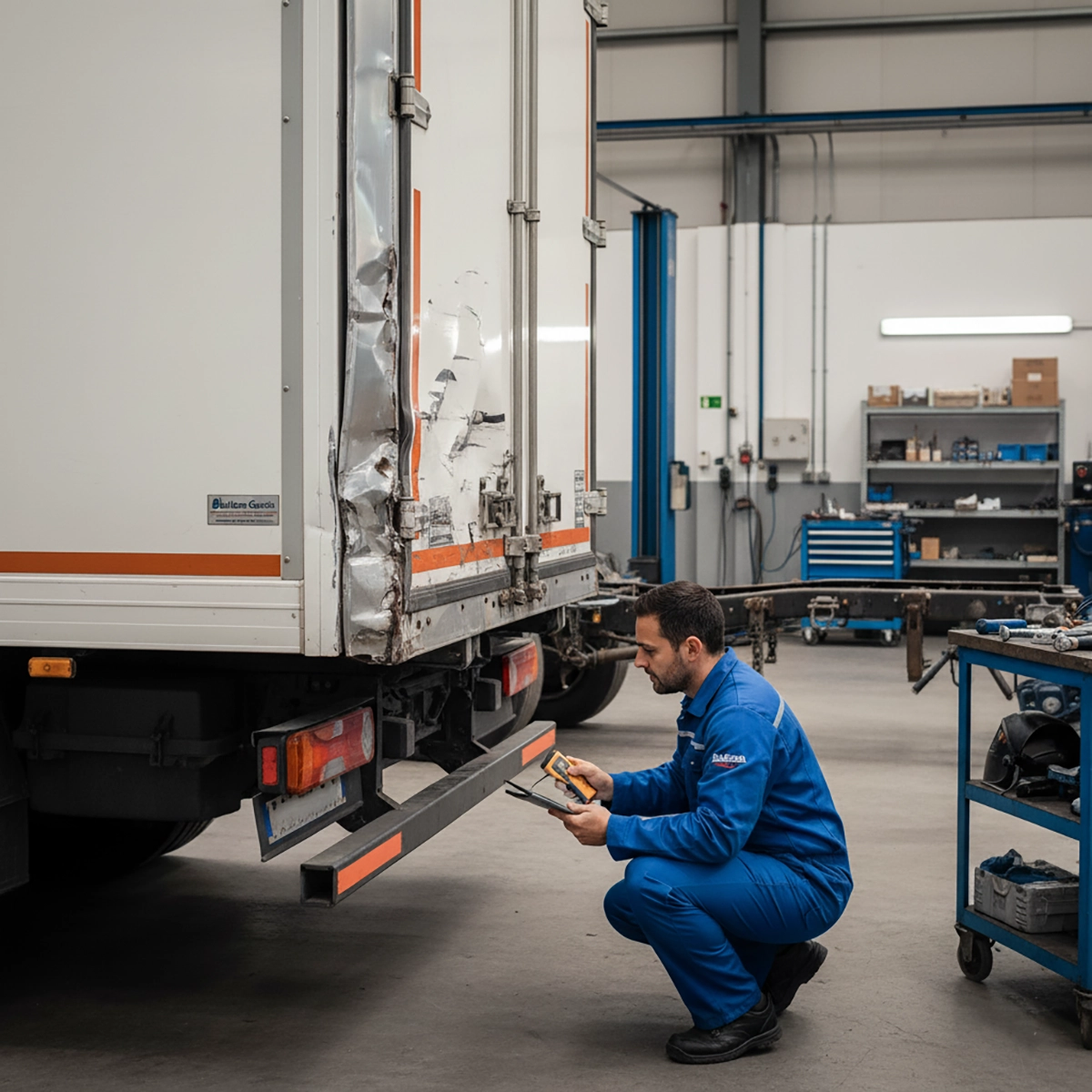 Técnico de Ballestas Gandía evaluando los daños en la reparación de carrocerías de un camión industrial tras un accidente.
