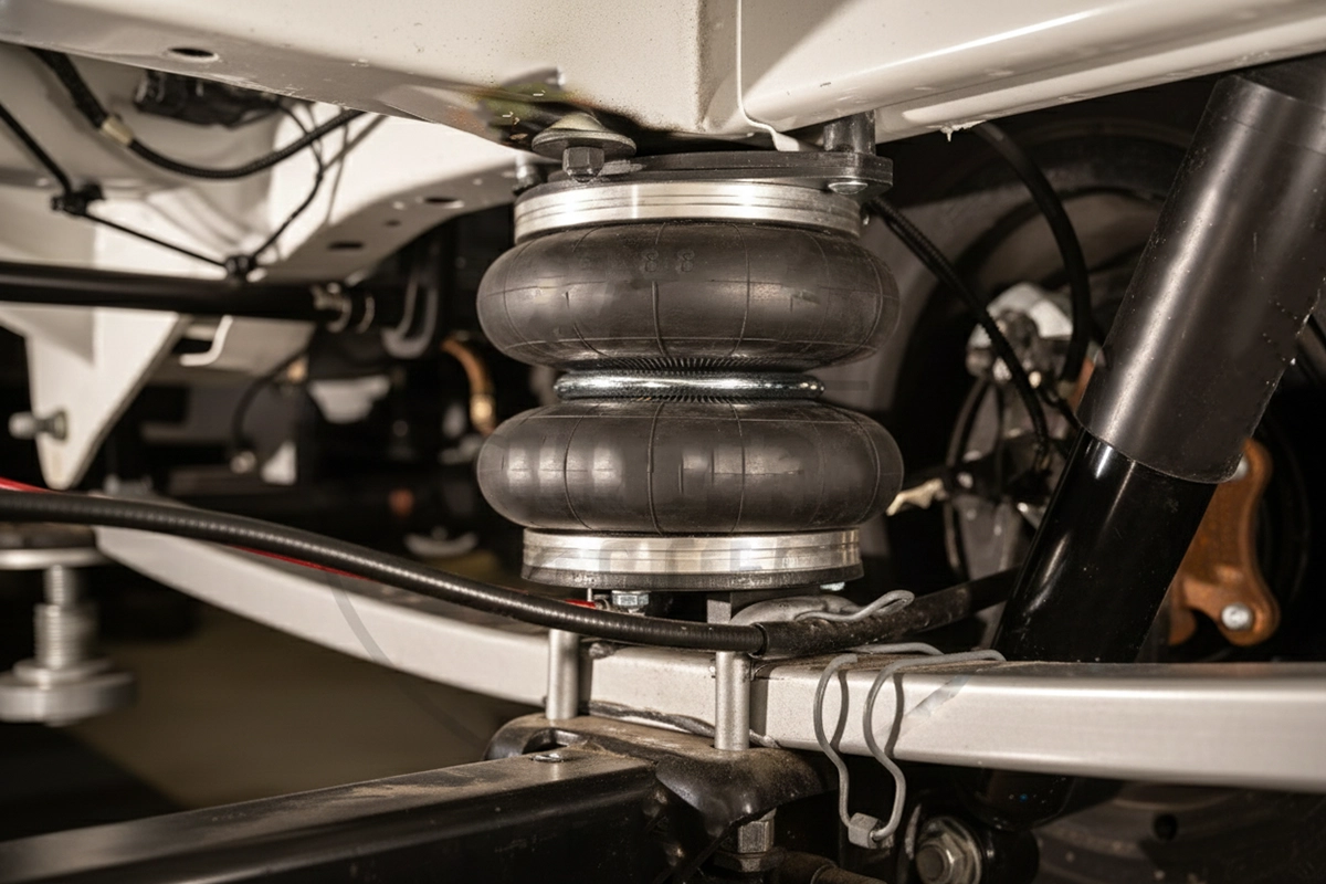 Primer plano de un kit de suspensión neumática auxiliar instalado en el eje trasero de una furgoneta.