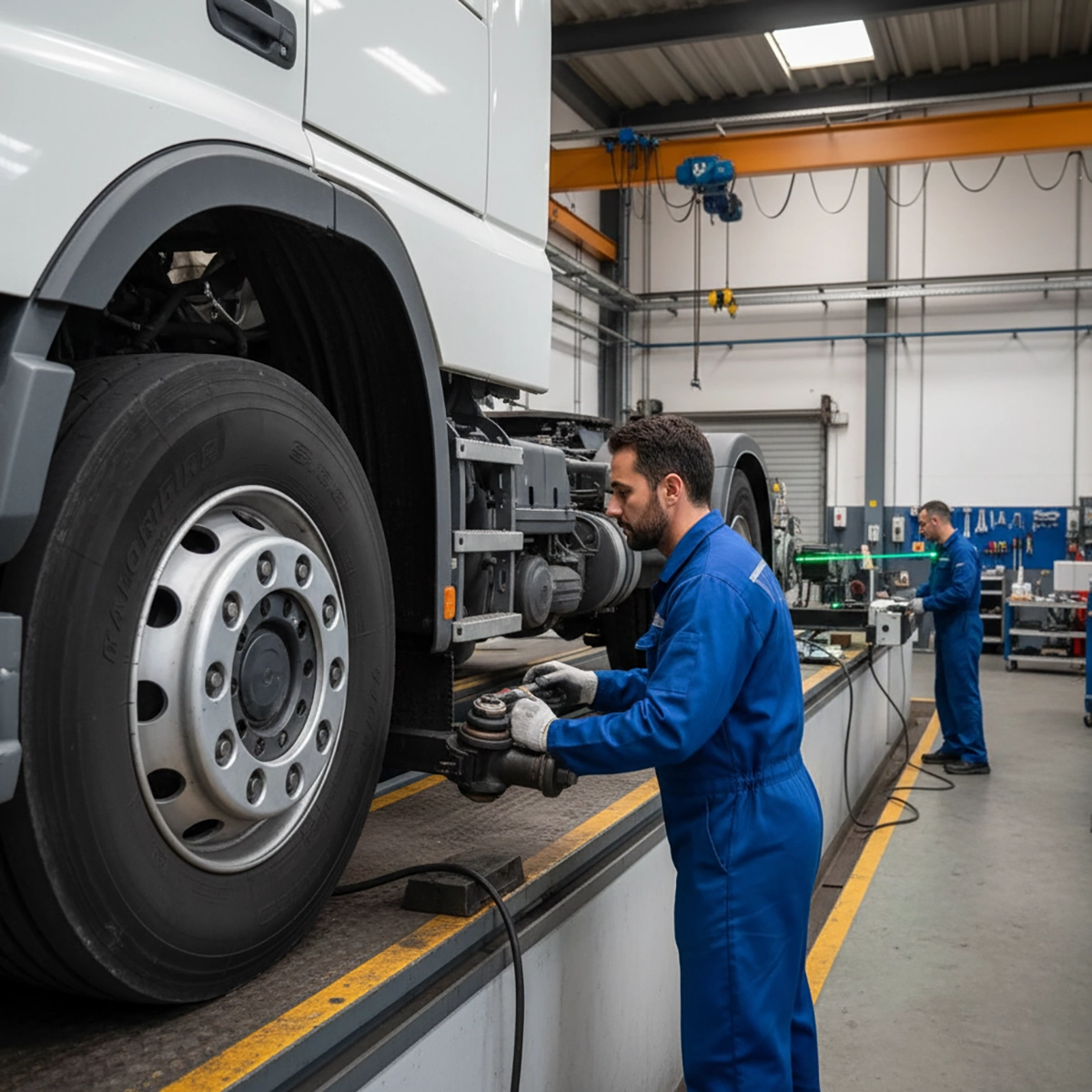 amión industrial con un mecánico profesional inspeccionando porque vibra el camión
